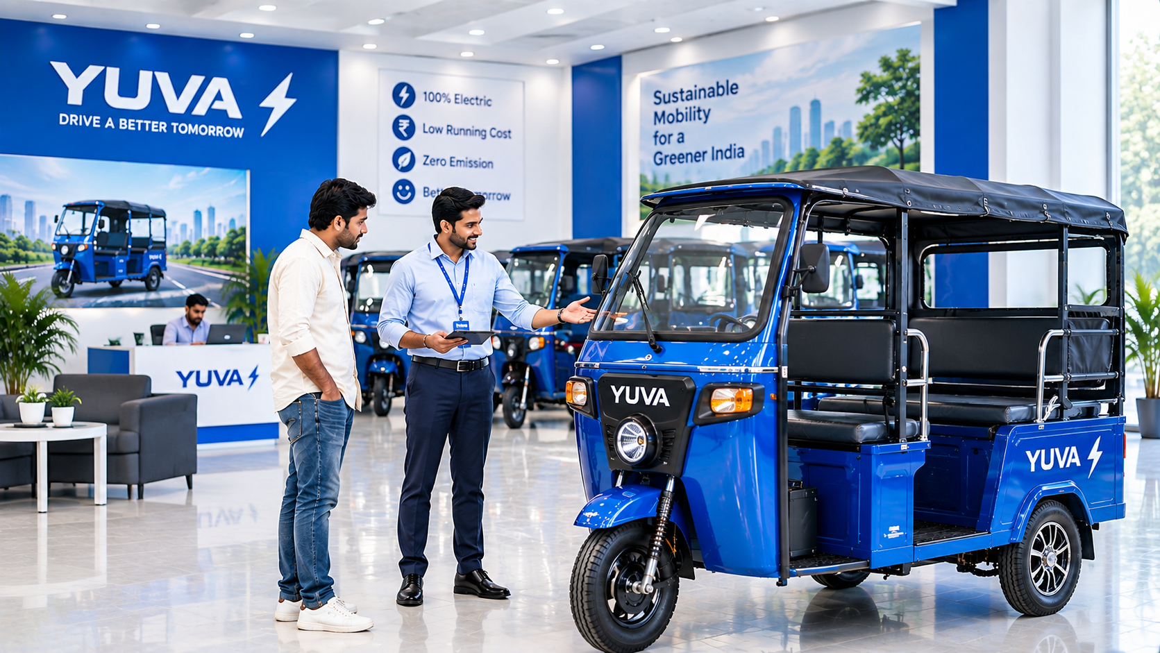 YUVA dealer showroom with vehicle on display